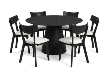 Siena spisegruppe 130 cm rund i svart med 6 Amelia spisestoler med pute