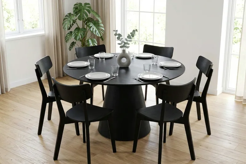 Siena Spisegruppe 130 cm rund i svart med 6 Amelia spisestoler - Svart - Møbler - Bord - Spisegruppe