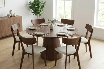 Siena spisegruppe 130 cm rund i valnøtt med 6 Amelia spisestoler med pute - Valnøtt/Beige - Møbler - Bord - Spisegruppe