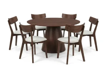 Siena spisegruppe 130 cm rund i valnøtt med 6 Amelia spisestoler med pute - Valnøtt/Beige - Møbler - Bord - Spisegruppe