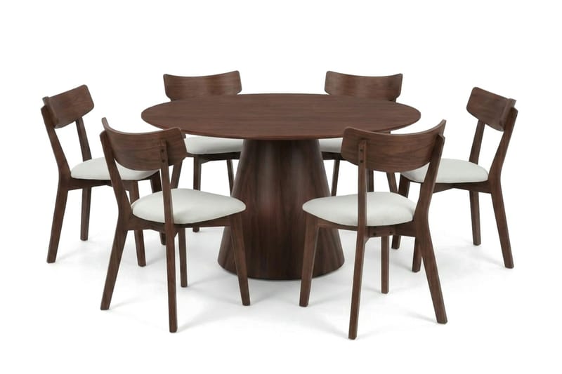 Siena spisegruppe 130 cm rund i valnøtt med 6 Amelia spisestoler med pute - Valnøtt/Beige - Møbler - Bord - Spisegruppe