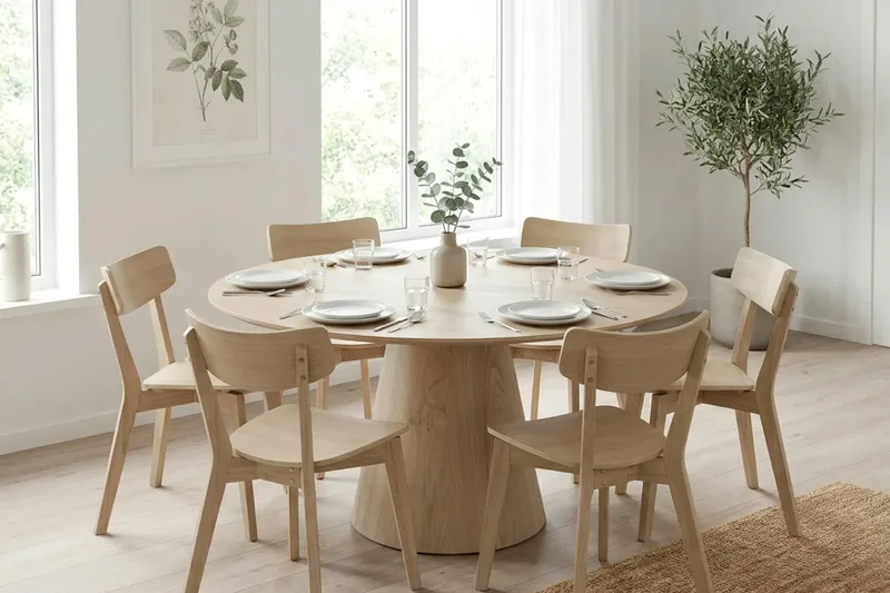 Siena spisegruppe 150 cm rund hvitlasert med 6 Amelia spisestoler - Hvitlasert - Møbler - Bord - Spisegruppe