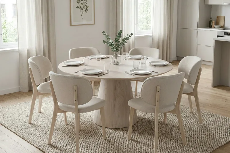 Siena Spisegruppe 150 cm rund hvitlasert med 6 Eira spisestoler - Hvitlasert - Møbler - Bord - Spisegruppe