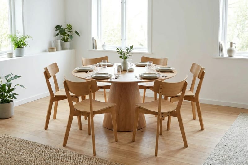 Siena Spisegruppe 150 cm rund i eik med 6 Amelia spisestoler - Eik - Møbler - Bord - Spisegruppe