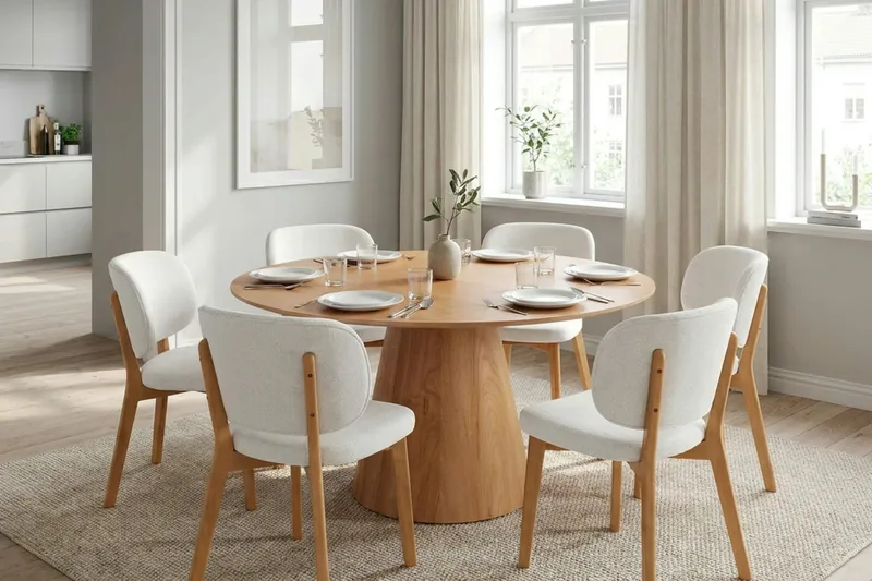 Siena Spisegruppe 150 cm rund i eik med 6 Eira spisestoler - Eik - Møbler - Bord - Spisegruppe