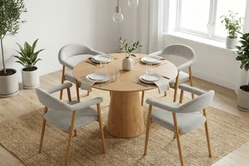 Siena spisegruppe rund 110 cm eik med 4 Ronja spisestoler - Sand/eik - Møbler - Bord - Spisegruppe