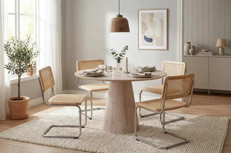 Siena spisegruppe rund 110 cm hvitlasert med 4 Build spisestoler - Hvitbeiset eik - Møbler - Bord - Spisegruppe