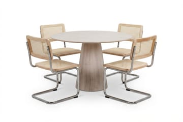 Siena spisegruppe rund 110 cm hvitlasert med 4 Build spisestoler - Hvitlasert/natur/krom - Møbler - Bord - Spisegruppe