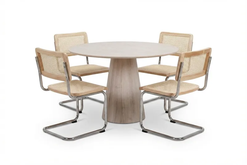 Siena spisegruppe rund 110 cm hvitlasert med 4 Build spisestoler, Hvitlasert/natur/krom