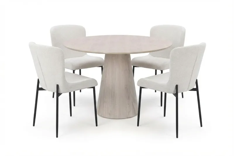 Siena spisegruppe rund 110 cm hvitlasert med 4 Elsie spisestoler, Hvitbeiset eik