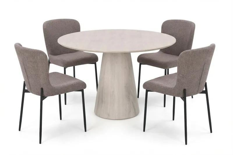 Siena spisegruppe rund 110 cm hvitlasert med 4 Elsie spisestoler, Hvitlasert/grå