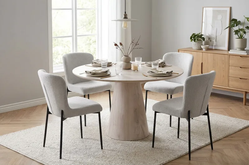 Siena spisegruppe rund 110 cm hvitlasert med 4 Elsie spisestoler - Hvitlasert/hvit - Møbler - Bord - Spisegruppe