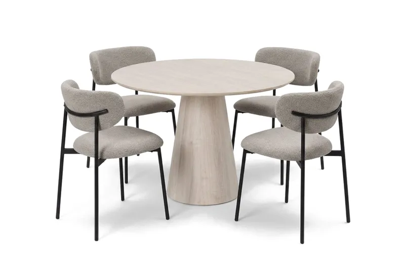 Siena spisegruppe rund 110 cm hvitlasert med 4 Lucy spisestoler, Hvitbeiset eik