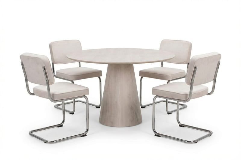 Siena spisegruppe rund 110 cm hvitlasert med 4 Milva spisestoler, Hvitlasert/Beige/krom