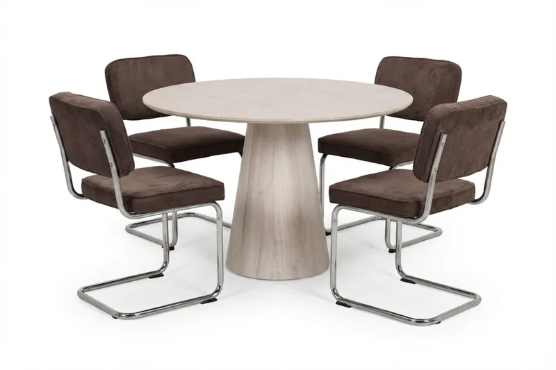 Siena spisegruppe rund 110 cm hvitlasert med 4 Milva spisestoler, Hvitlasert/Brun/krom