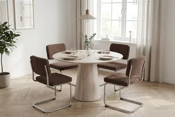 Siena spisegruppe rund 110 cm hvitlasert med 4 Milva spisestoler - Hvitlasert/Brun/krom - Møbler - Bord - Spisegruppe