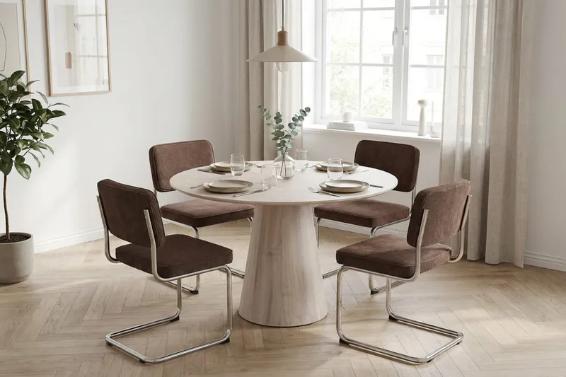 Siena spisegruppe rund 110 cm hvitlasert med 4 Milva spisestoler - Hvitlasert/Brun/krom - Møbler - Bord - Spisegruppe