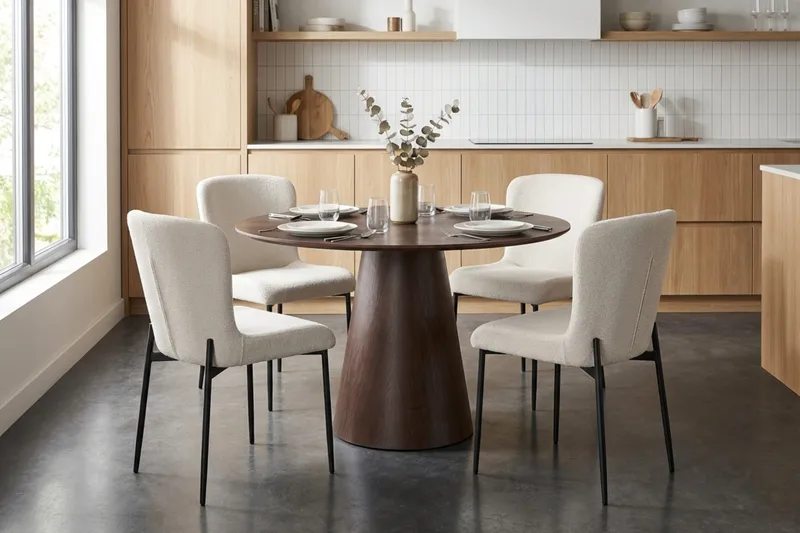 Siena Spisegruppe Rund 110 cm Røkt Eik med 4 Elsie Spisestoler - Røkt Eik/Hvit - Møbler - Bord - Spisegruppe