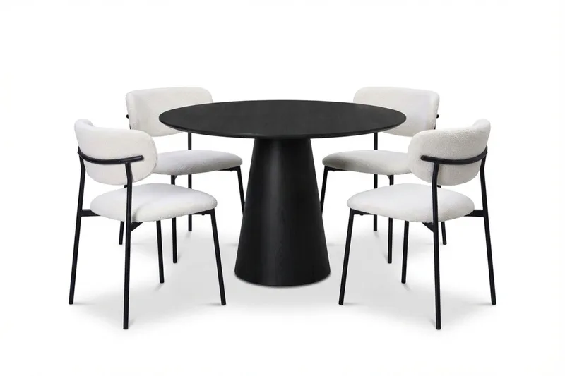 Siena spisegruppe rund 110 cm svart med 4 Lucy spisestoler, Svartbeiset eik