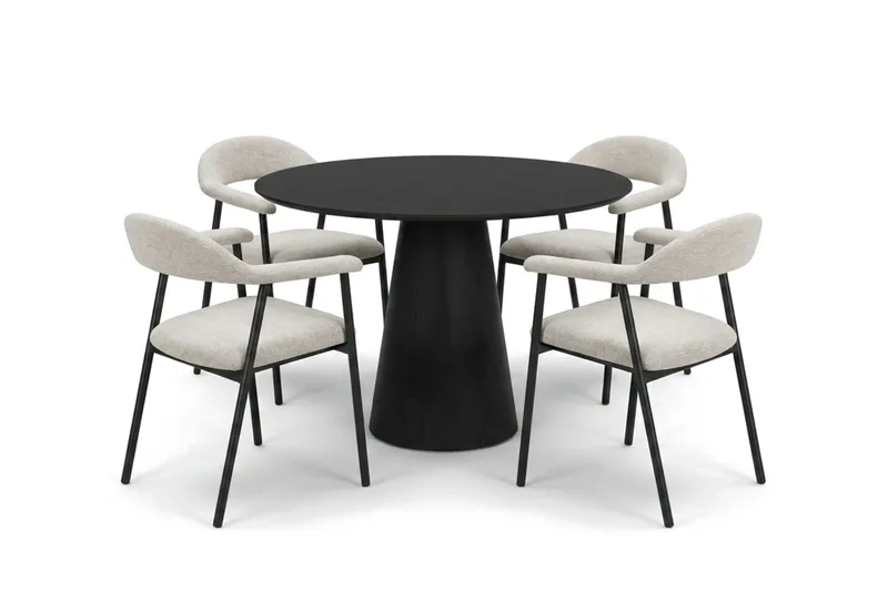 Siena spisegruppe rund 110 cm svart med 4 Ronja spisestoler, Svartbeiset eik