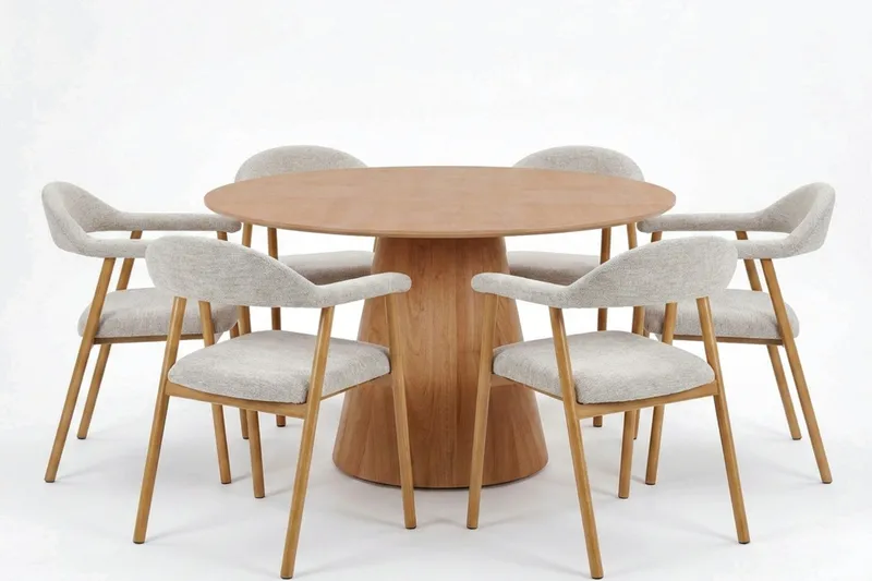 Siena spisegruppe rund 130 cm eik med 4 Ronja spisestoler, Sand/eik