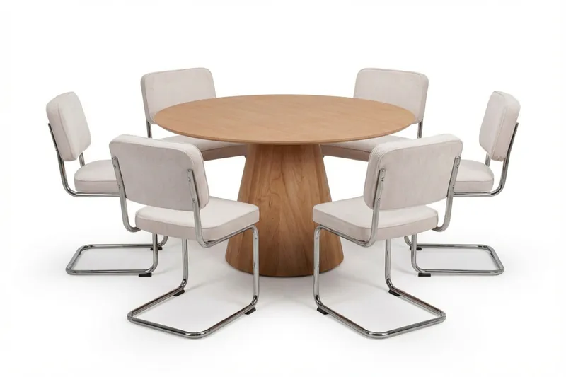 Siena spisegruppe rund 130 cm eik med 6 Milva spisestoler, Eik