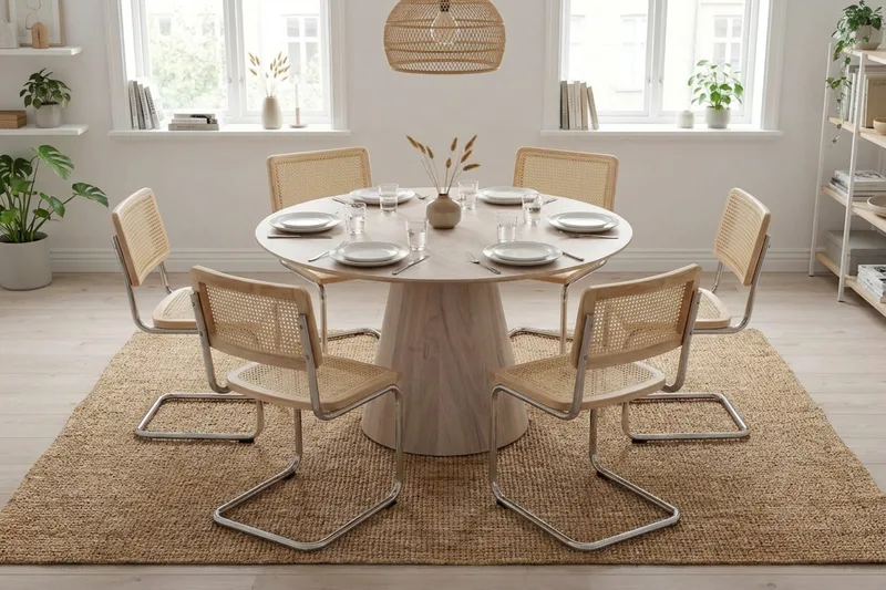 Siena spisegruppe rund 130 cm hvitlasert med 6 Build spisestoler - Hvitlasert/natur/krom - Møbler - Bord - Spisegruppe