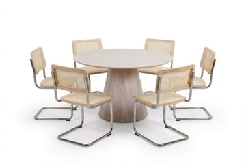 Siena spisegruppe rund 130 cm hvitlasert med 6 Build spisestoler - Hvitlasert/natur/krom - Møbler - Bord - Spisegruppe