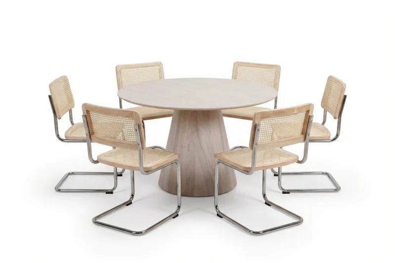 Siena spisegruppe rund 130 cm hvitlasert med 6 Build spisestoler, Hvitlasert/natur/krom