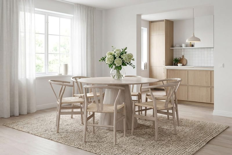 Siena spisegruppe rund 130 cm hvitlasert med 6 Dastoori spisestoler - Hvitlasert - Møbler - Bord - Spisegruppe