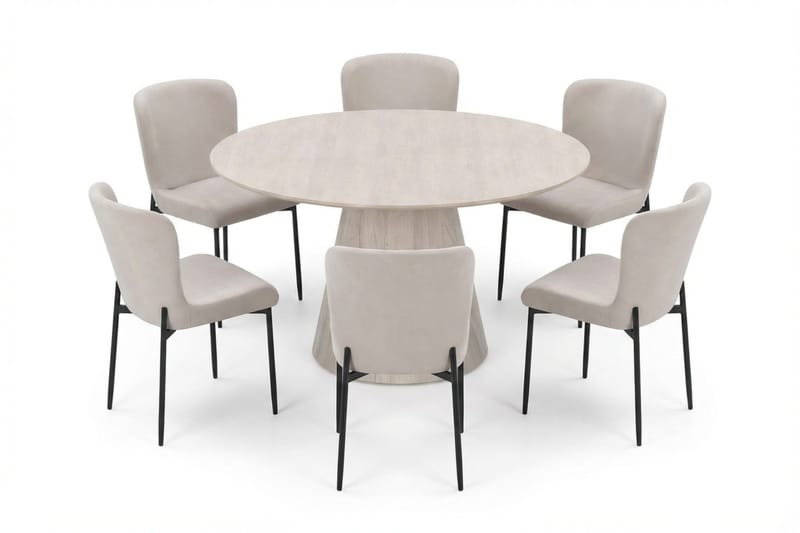 Siena spisegruppe rund 130 cm hvitlasert med 6 Elsie spisestoler, Hvitbeiset eik