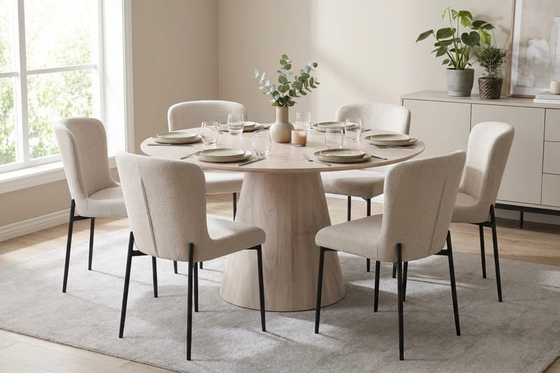 Siena spisegruppe rund 130 cm hvitlasert med 6 Elsie spisestoler - Hvitbeiset eik - Møbler - Bord - Spisegruppe