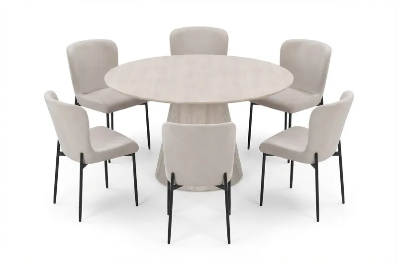 Siena spisegruppe rund 130 cm hvitlasert med 6 Elsie spisestoler, Hvitlasert/beige