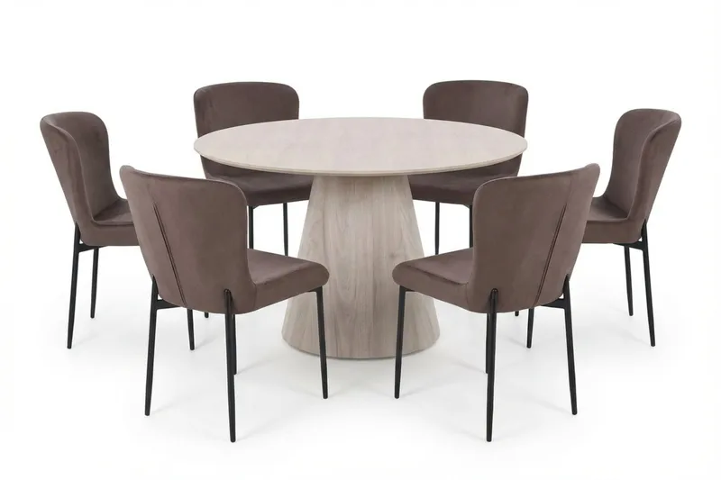 Siena spisegruppe rund 130 cm hvitlasert med 6 Elsie spisestoler, Hvitlasert/brun