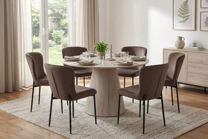 Siena spisegruppe rund 130 cm hvitlasert med 6 Elsie spisestoler - Hvitlasert/brun - Møbler - Bord - Spisegruppe