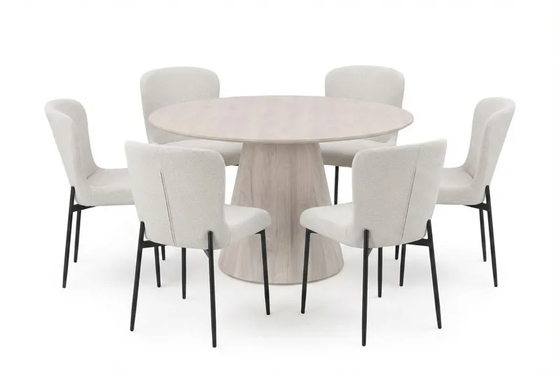 Siena spisegruppe rund 130 cm hvitlasert med 6 Elsie spisestoler, Hvitlasert/hvit