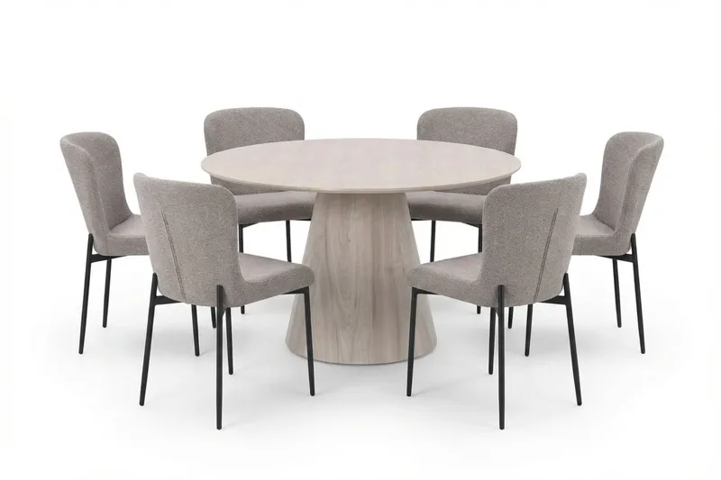 Siena spisegruppe rund 130 cm hvitlasert med 6 Elsie spisestoler, Hvitlasert/lysegrå