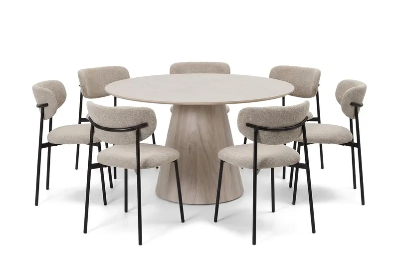 Siena spisegruppe rund 130 cm hvitlasert med 6 Lucy spisestoler, Hvitlasert