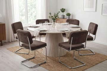 Siena spisegruppe rund 130 cm hvitlasert med 6 Milva spisestoler - Hvitlasert/Brun/krom - Møbler - Bord - Spisegruppe