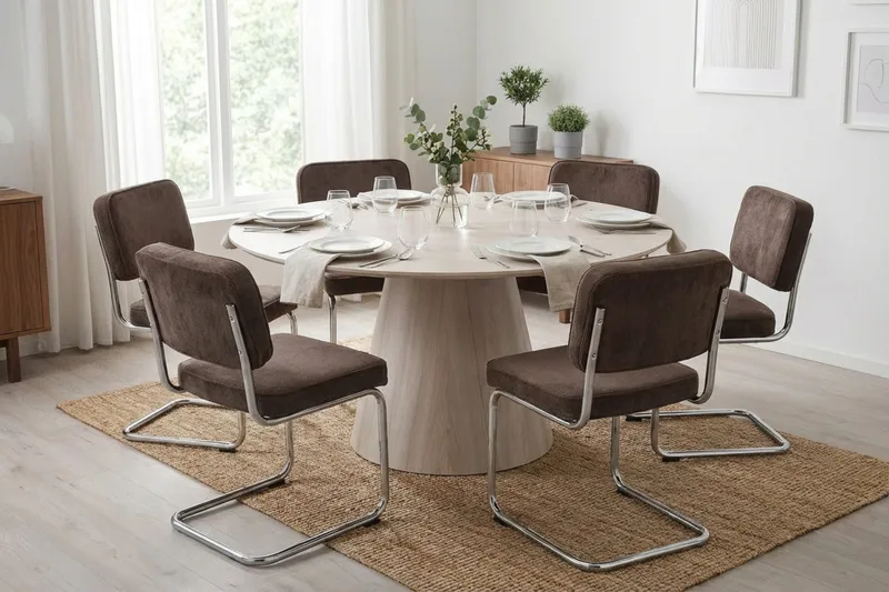 Siena spisegruppe rund 130 cm hvitlasert med 6 Milva spisestoler - Hvitlasert/Brun/krom - Møbler - Bord - Spisegruppe