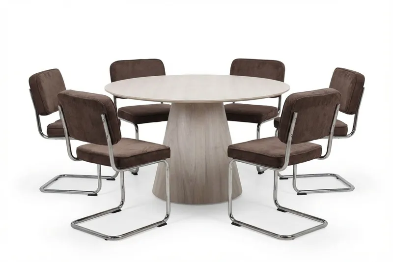 Siena spisegruppe rund 130 cm hvitlasert med 6 Milva spisestoler, Hvitlasert/Brun/krom