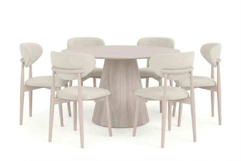 Siena spisegruppe rund 130 cm hvitlasert med 6 Molly spisestoler, Hvitlasert