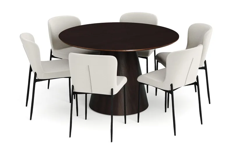 Siena spisegruppe rund 130 cm røkt eik med 6 Elsie spisestoler, Røkt eik/Beige