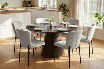 Siena spisegruppe rund 130 cm røkt eik med 6 Elsie spisestoler - Røkt eik/Hvit - Møbler - Bord - Spisegruppe