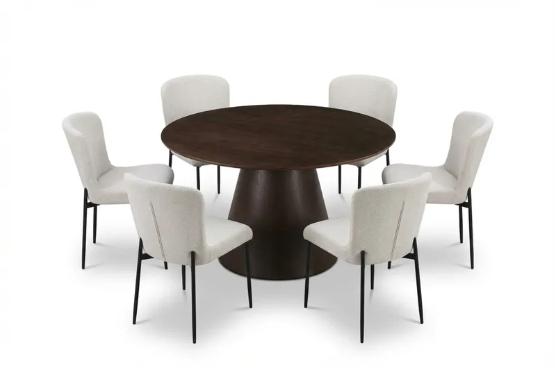 Siena spisegruppe rund 130 cm røkt eik med 6 Elsie spisestoler, Røkt eik/Hvit