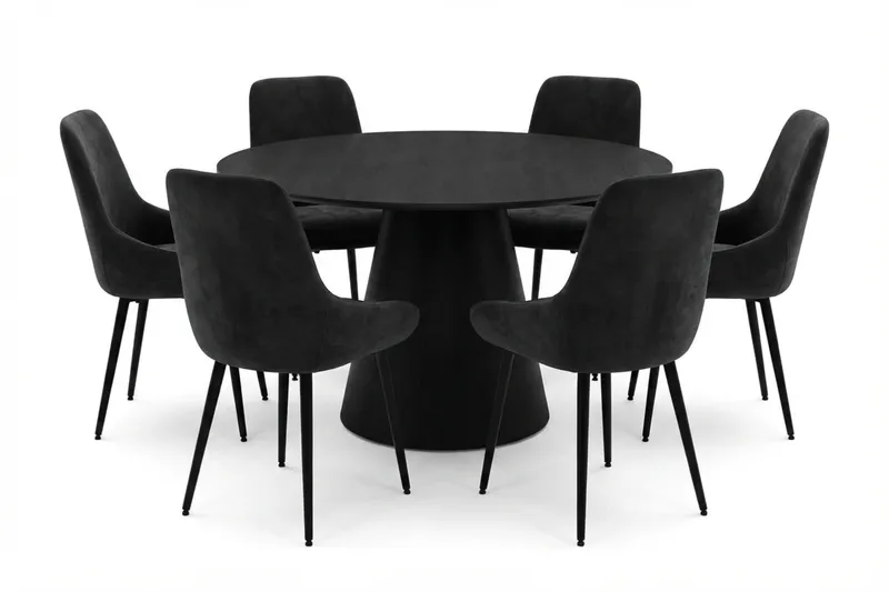 Siena spisegruppe rund 130 cm svart med 6 Alsarp spisestoler, Svart