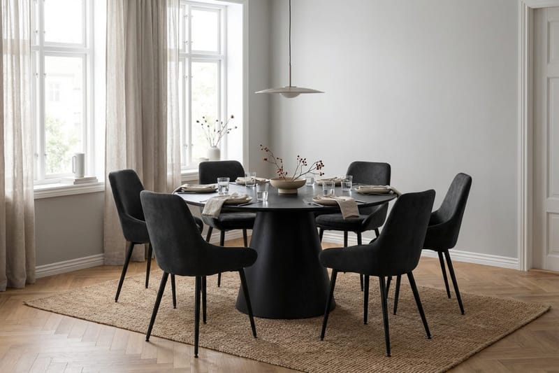 Siena spisegruppe rund 130 cm svart med 6 Alsarp spisestoler - Svart - Møbler - Bord - Spisegruppe