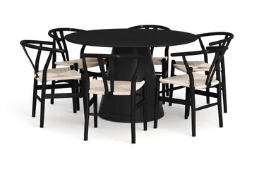 Siena spisegruppe rund 130 cm svart med 6 Dastoori spisestoler