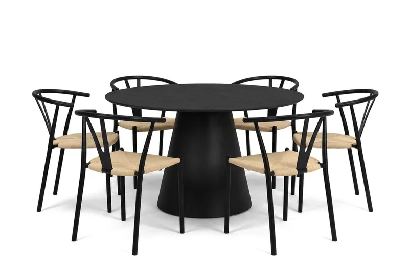 Siena spisegruppe rund 130 cm svart med 6 Elysia spisestoler, Svart
