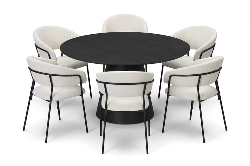 Siena spisegruppe rund 130 cm svart med 6 Karol spisestoler, Svart